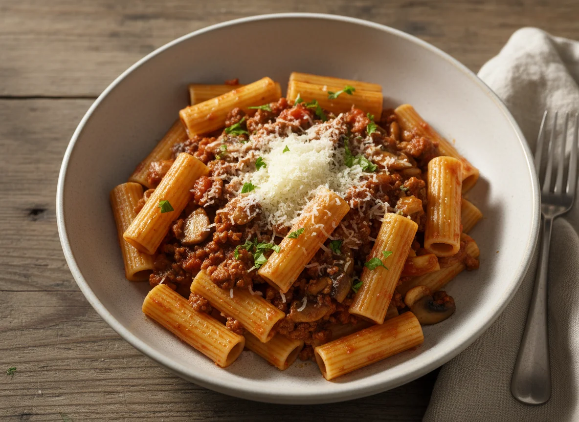 Rigatoni Bolognese mit Pilzen photo