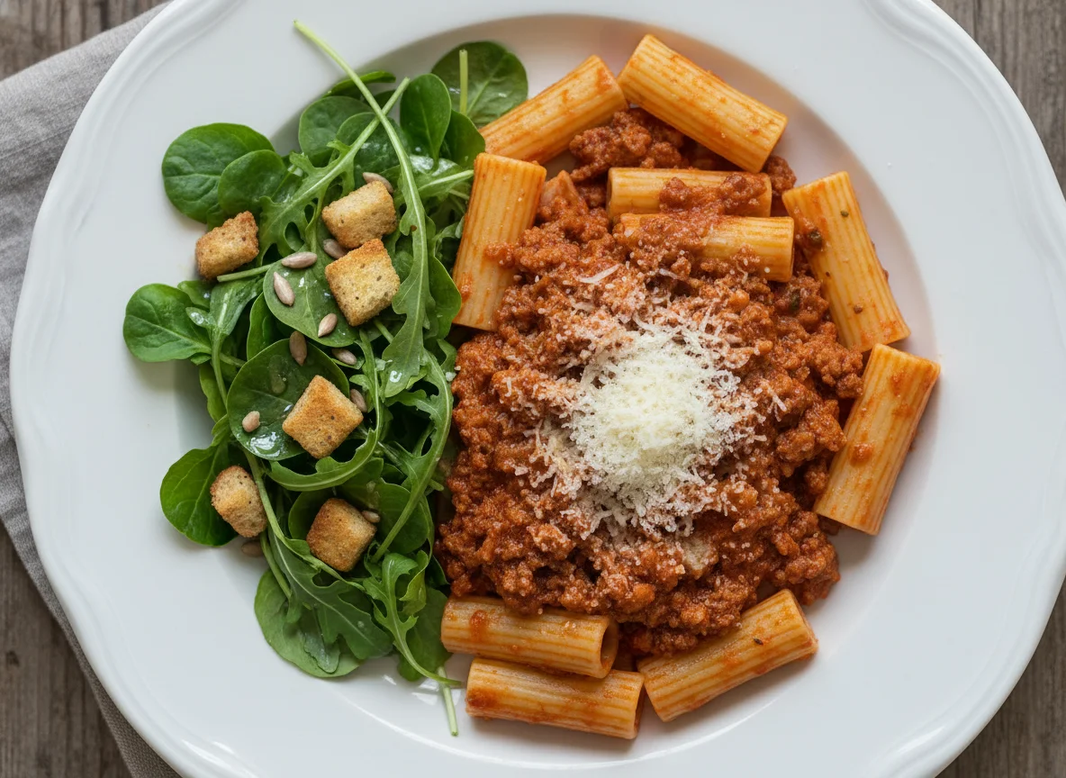 Rigatoni Bolognese mit Salat photo
