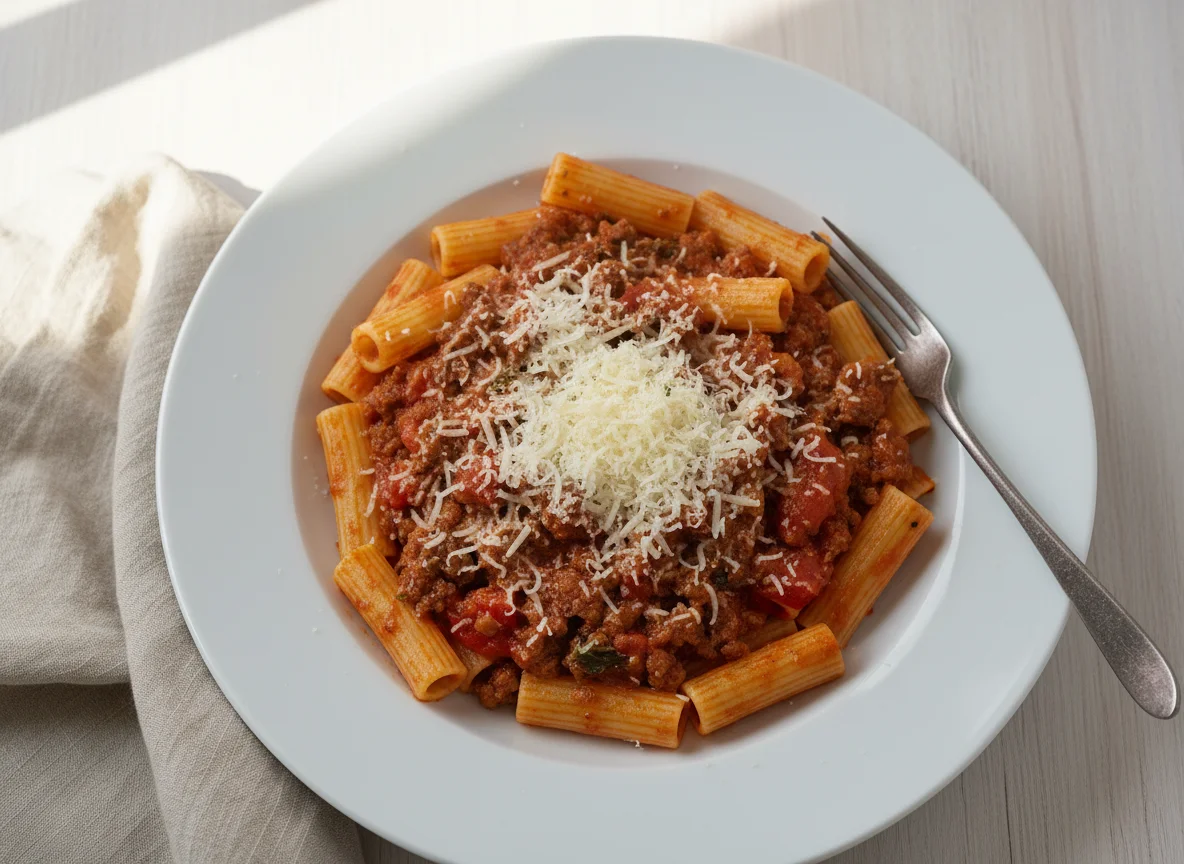 Rigatoni mit Fleischsauce und Parmesan photo