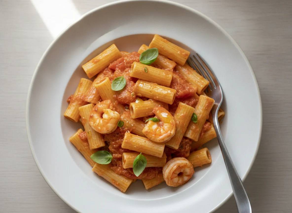 Rigatoni mit Garnelen in Tomaten-Sahnesauce photo
