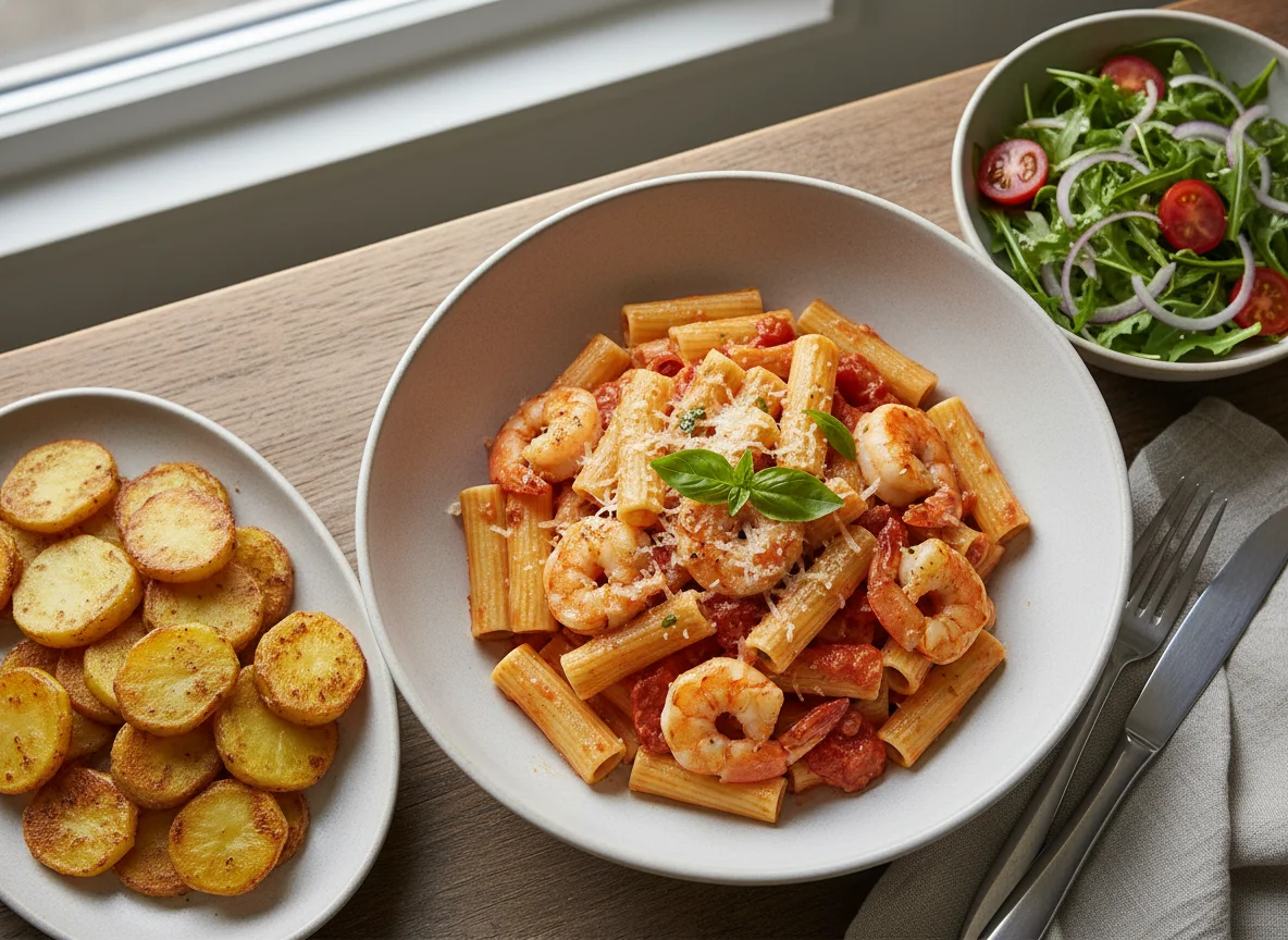 Rigatoni mit Garnelen und Beilagen photo