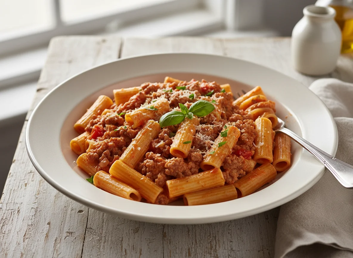 Rigatoni mit Hackfleisch-Sahnesauce photo
