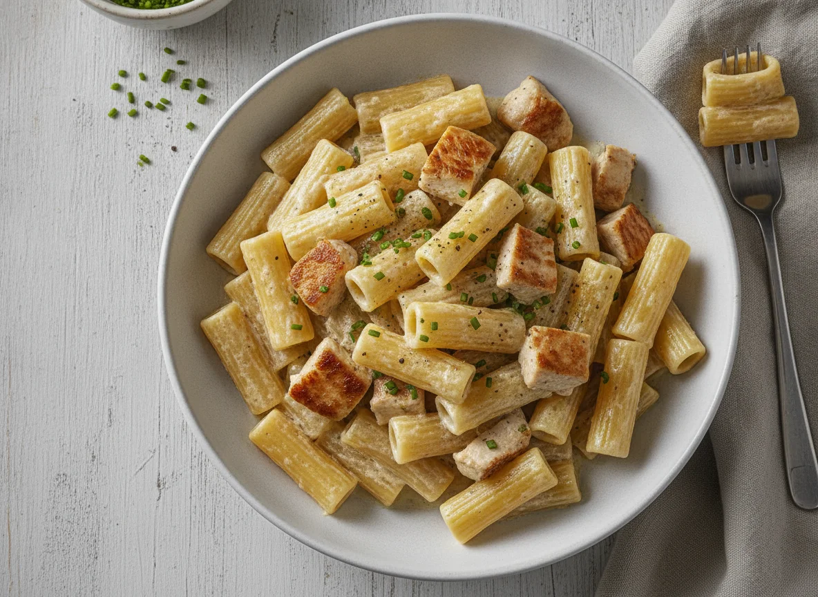 Rigatoni mit Hähnchen in Sahnesauce photo