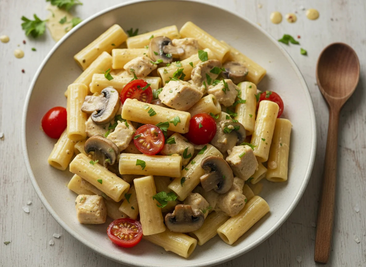 Rigatoni mit Hähnchen und Pilzen in Sahnesauce photo