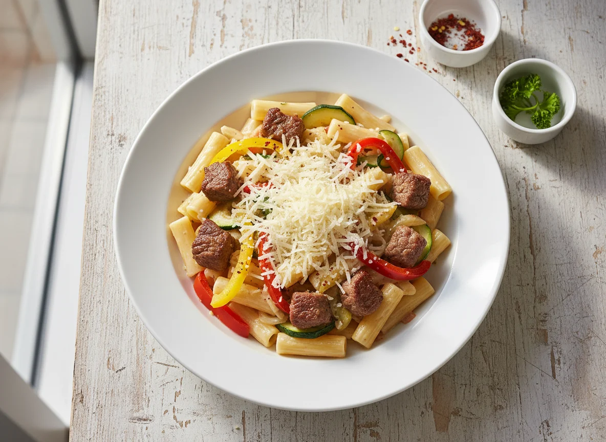 Rigatoni mit Rahmsauce und Rindfleisch photo
