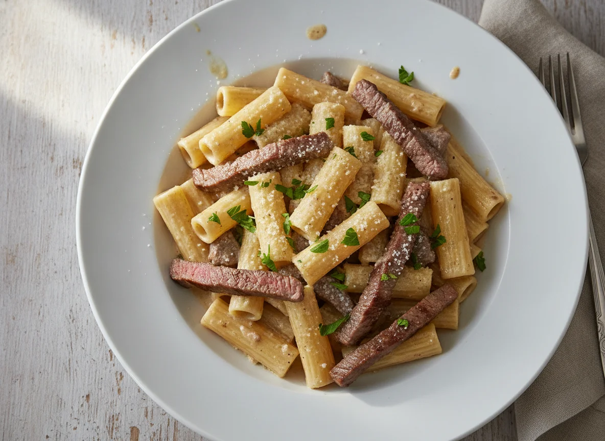 Rigatoni mit Rindersteakstreifen in Sahnesauce photo