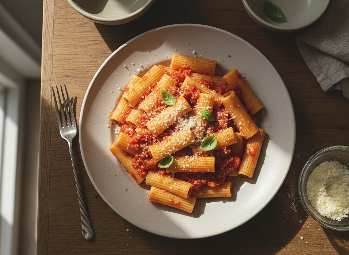 Rigatoni mit Tomatensauce und Parmesan photo