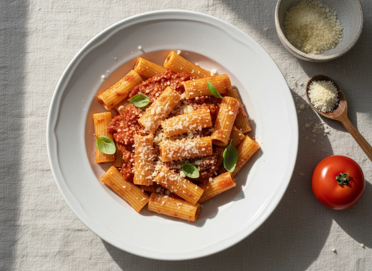 Rigatoni mit Tomatensoße und Parmesan photo