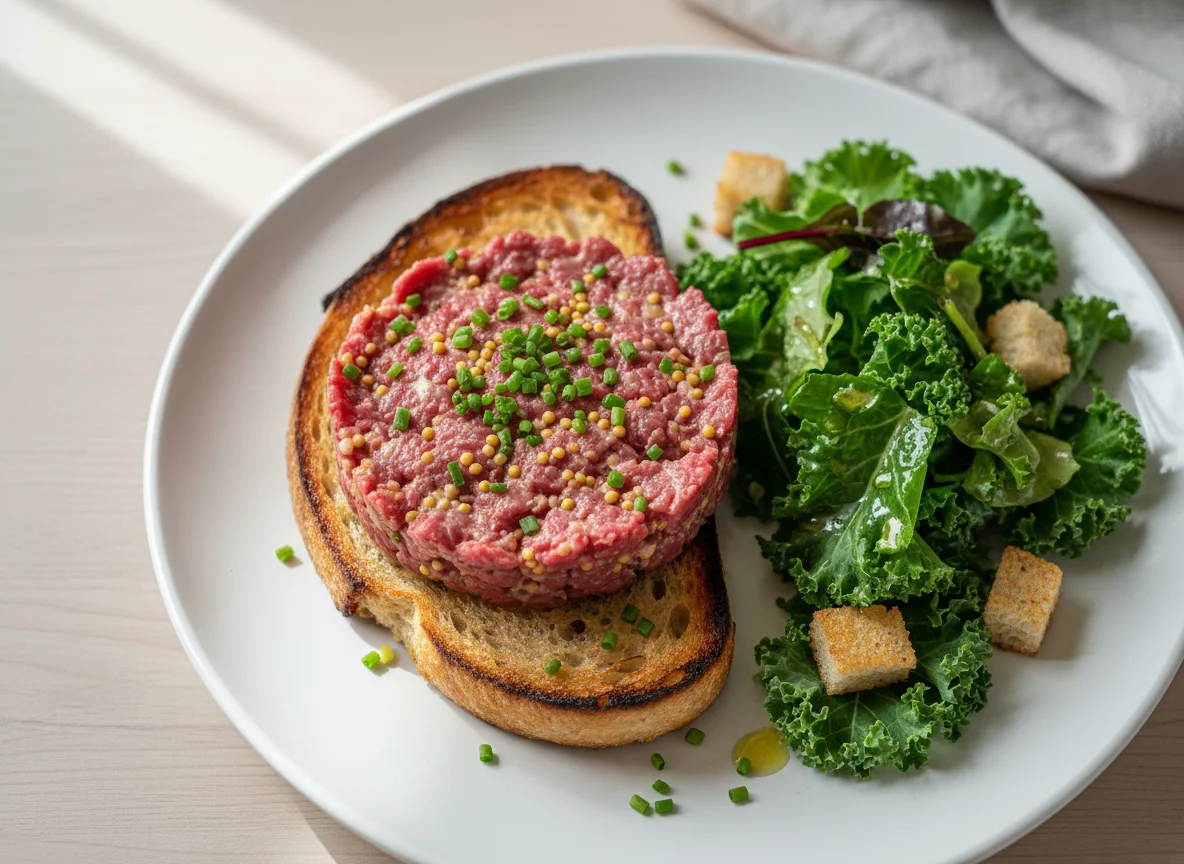 Rinder Tatar auf Toast mit Salat photo