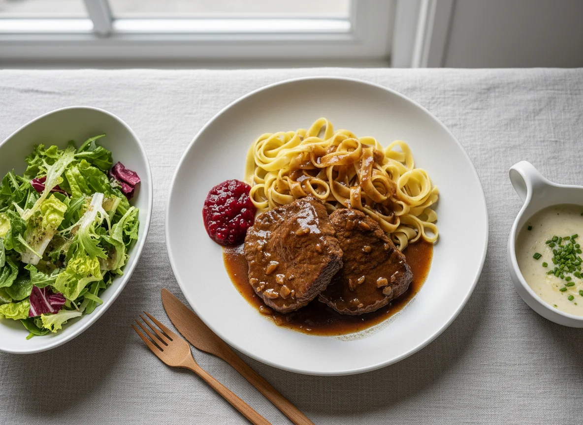 Rinderbraten mit Bandnudeln, Soße, Preiselbeeren und Beilagensalat photo