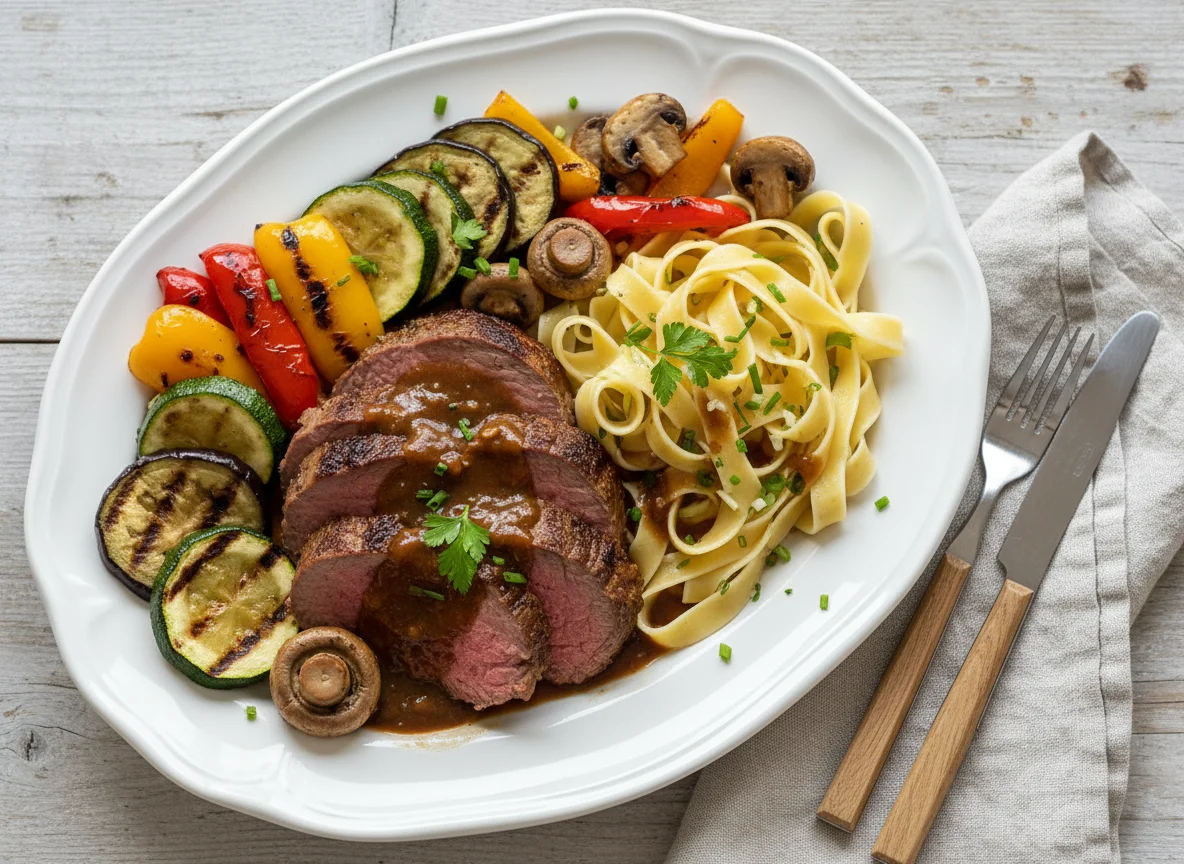 Rinderbraten mit Bandnudeln und Grillgemüse photo