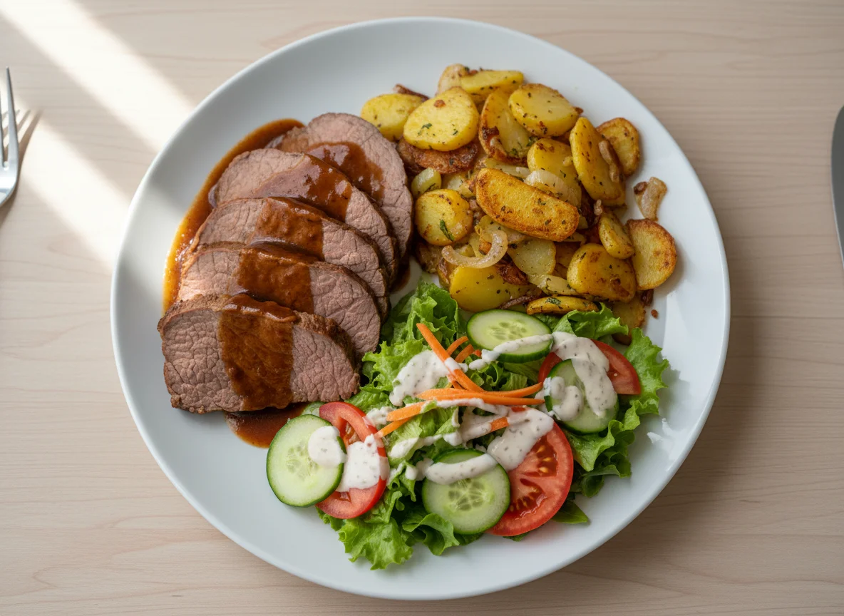 Rinderbraten mit Bratkartoffeln und Beilagensalat photo
