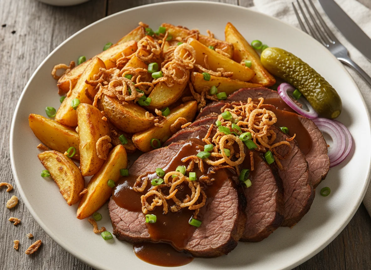 Rinderbraten mit Bratkartoffeln und Röstzwiebeln photo
