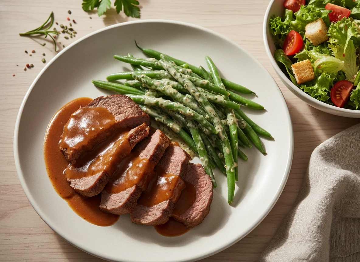 Rinderbraten mit grünen Bohnen und Beilagensalat photo