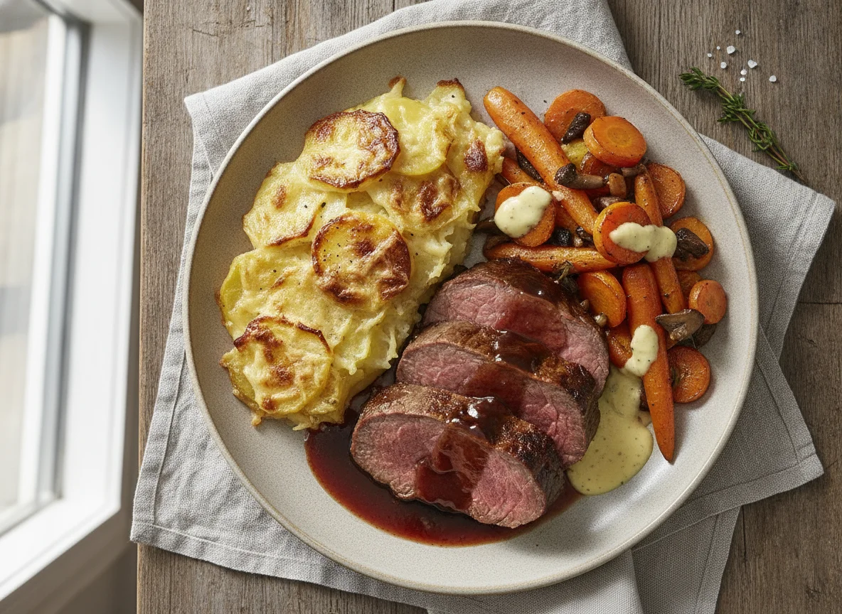 Rinderbraten mit Kartoffelgratin, Karotten und Pilzfüllung photo