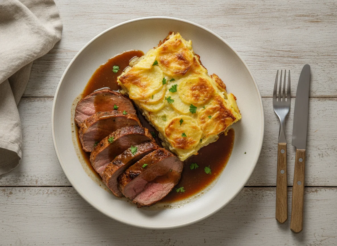 Rinderbraten mit Kartoffelgratin und Bratensoße photo