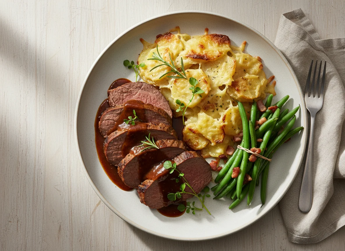 Rinderbraten mit Kartoffelgratin und Speckbohnen photo