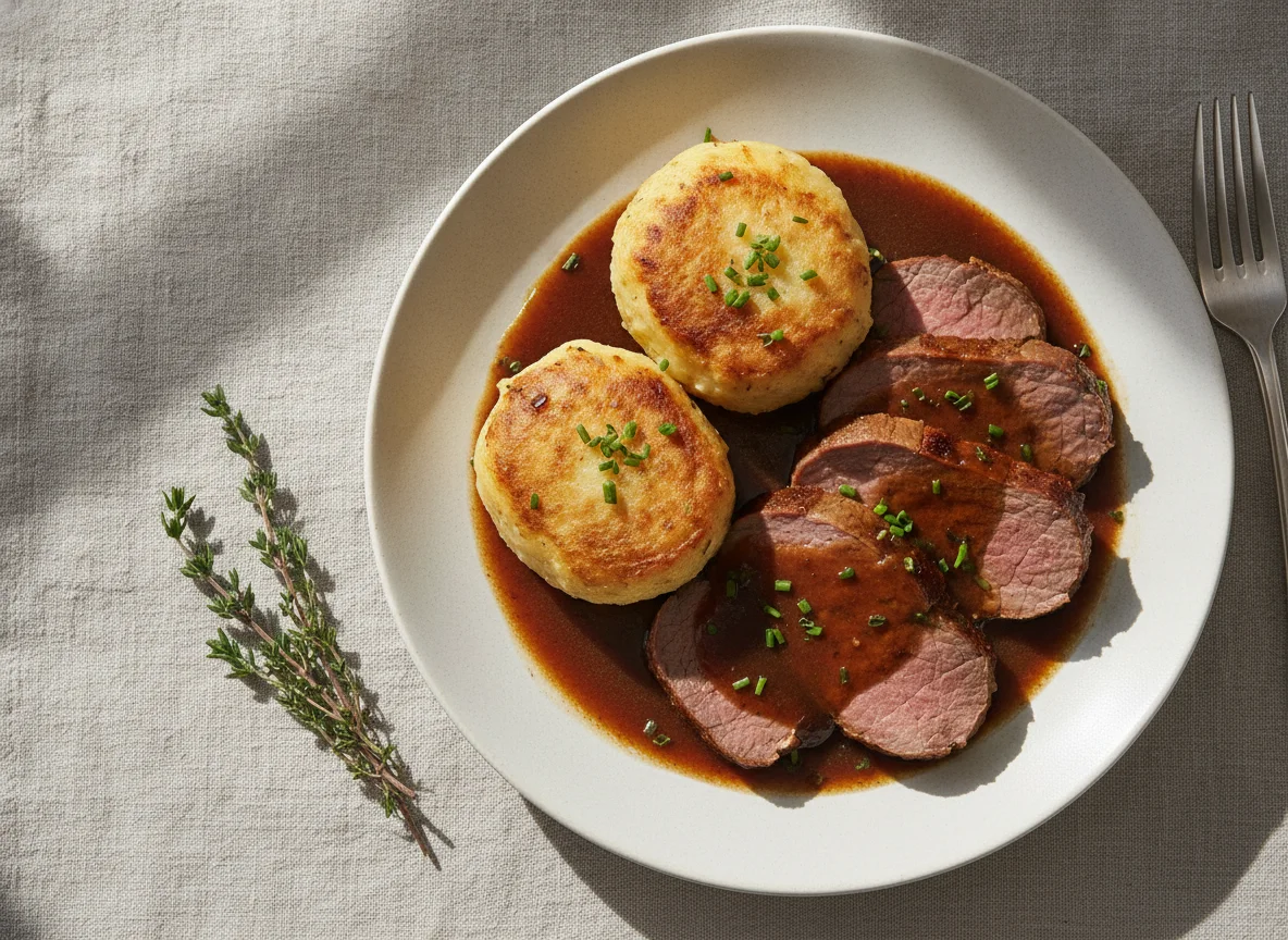 Rinderbraten mit Kartoffelklößen und dunkler Soße photo