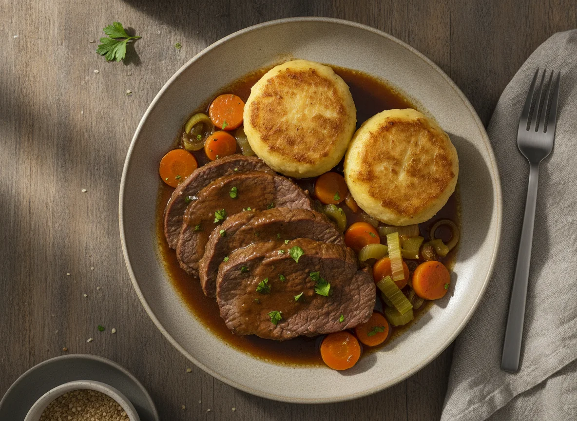 Rinderbraten mit Kartoffelklößen und Karotten photo