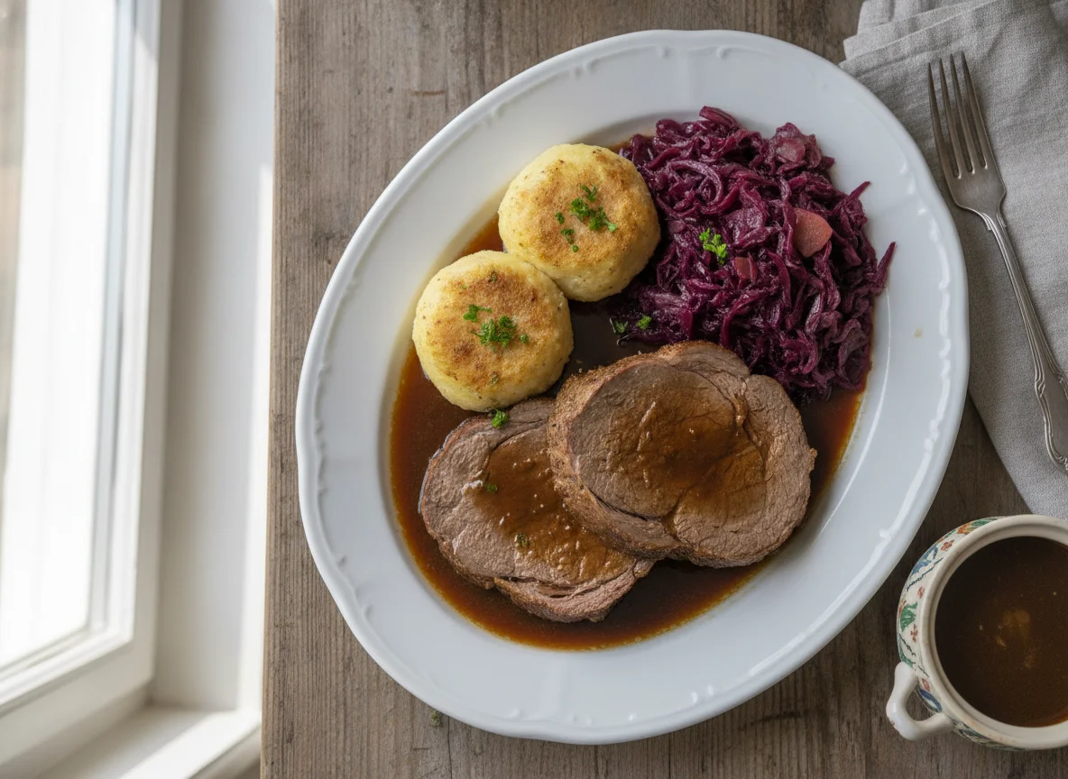Rinderbraten mit Kartoffelklößen und Rotkohl photo