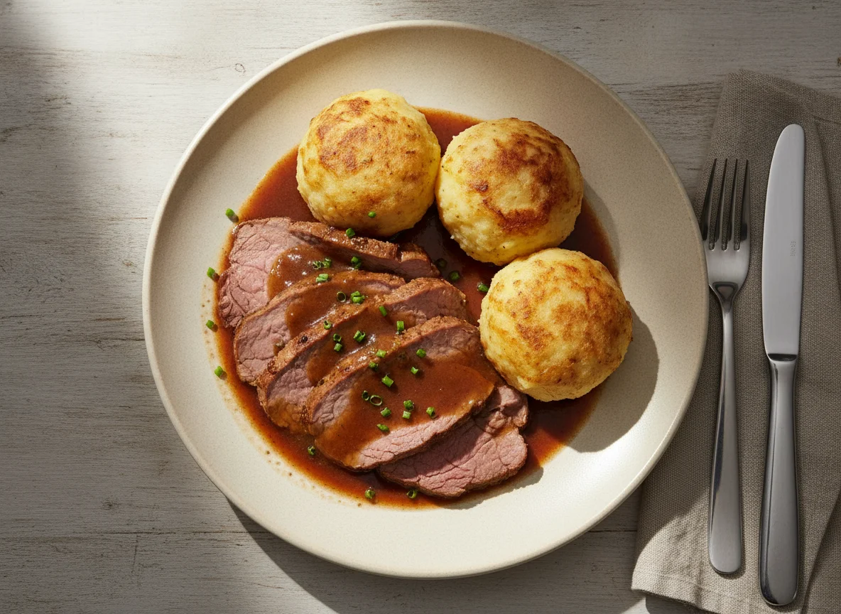 Rinderbraten mit Kartoffelklößen und Soße photo
