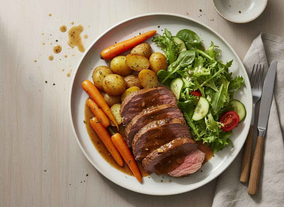 Rinderbraten mit Kartoffeln, Karotten und Salat photo