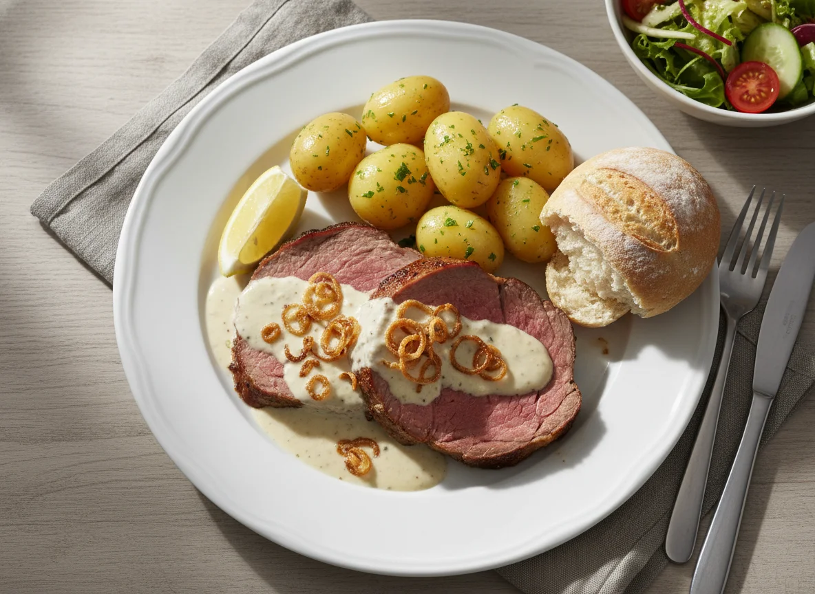 Rinderbraten mit Kartoffeln, Soße und Beilagen photo