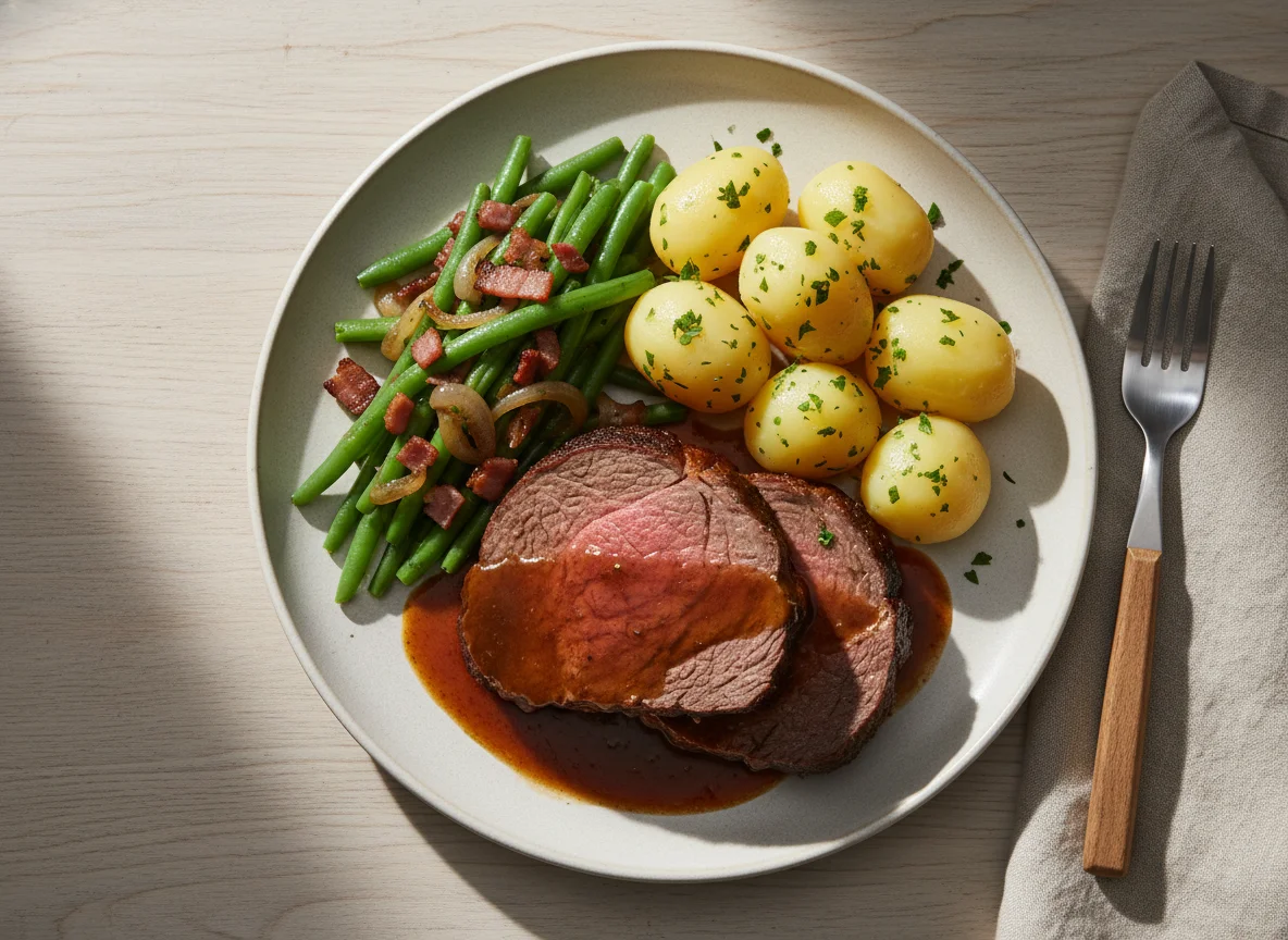 Rinderbraten mit Kartoffeln und grünen Bohnen photo