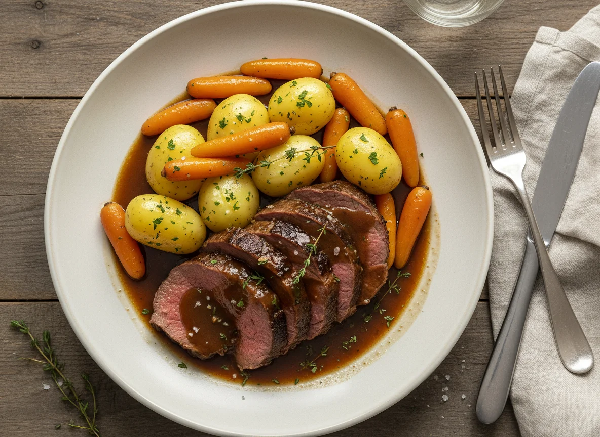 Rinderbraten mit Kartoffeln und Karotten photo