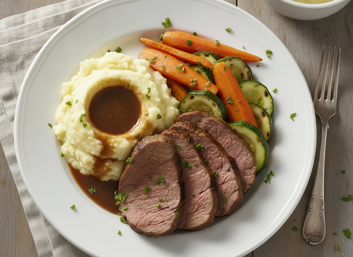 Rinderbraten mit Kartoffelpüree und Gemüse photo