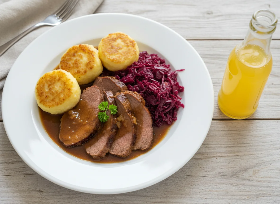 Rinderbraten mit Klößen und Rotkohl photo