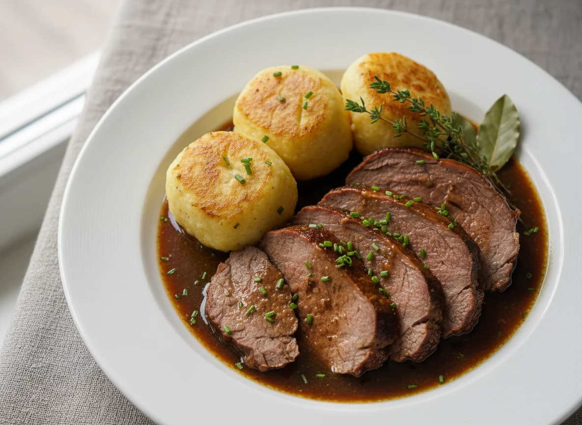 Rinderbraten mit Klößen und Soße photo