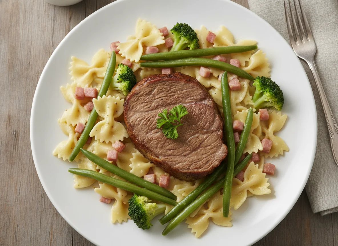 Rinderbraten mit Nudeln, Brokkoli und grünen Bohnen photo