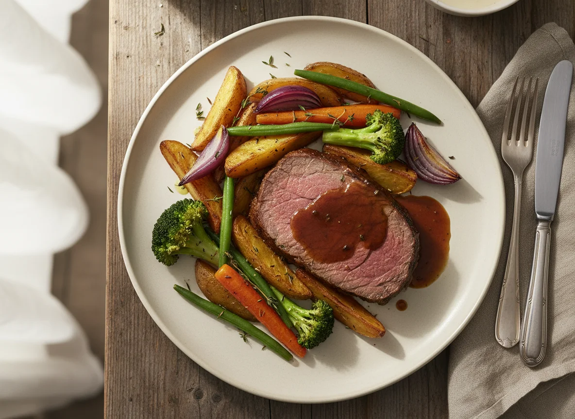 Rinderbraten mit Ofengemüse und Kartoffelspalten photo