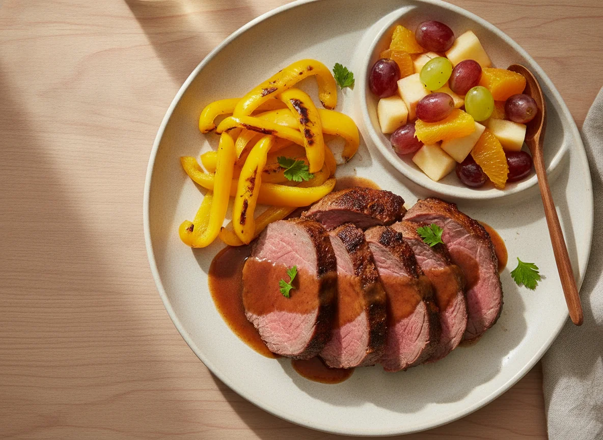 Rinderbraten mit Paprika und Obstsalat photo