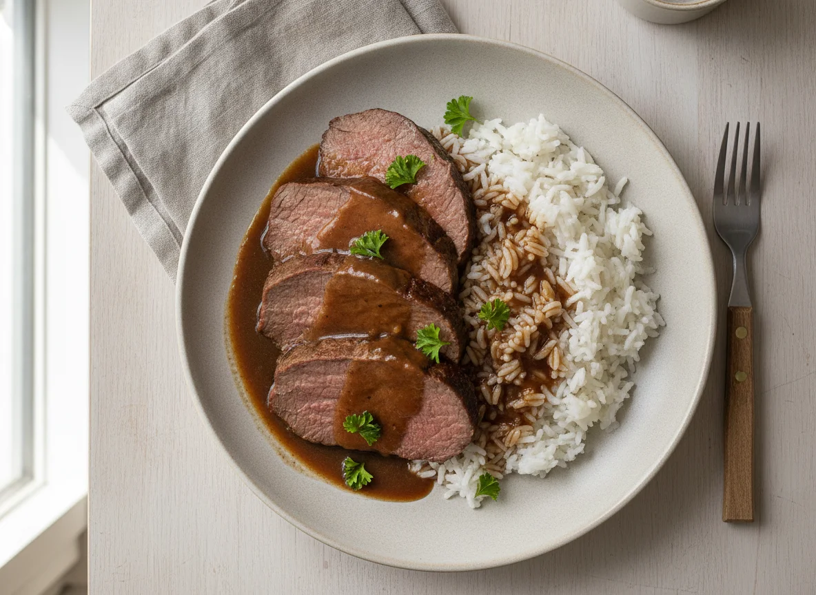 Rinderbraten mit Reis und Soße photo