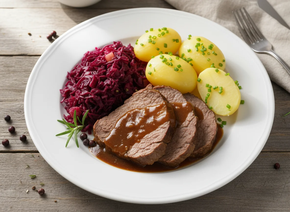 Rinderbraten mit Rotkohl und Kartoffeln photo