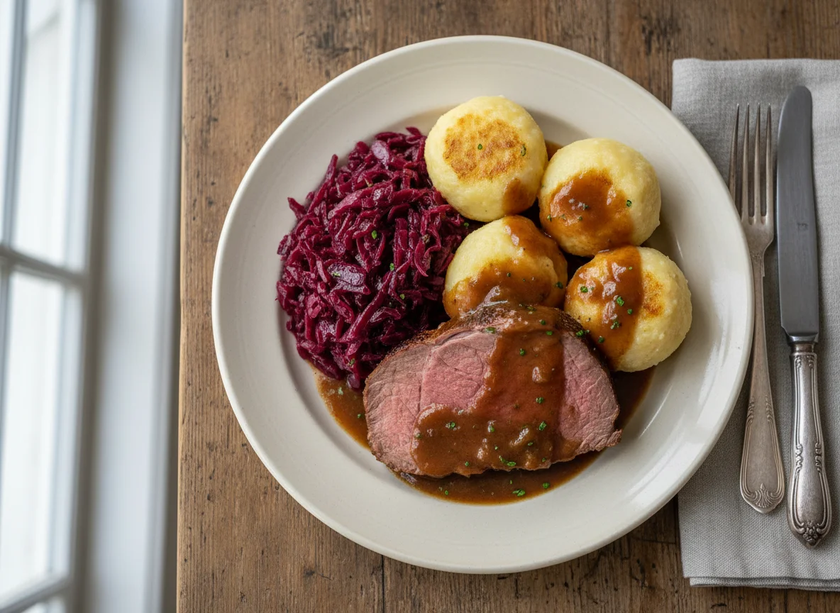Rinderbraten mit Rotkohl und Klößen photo
