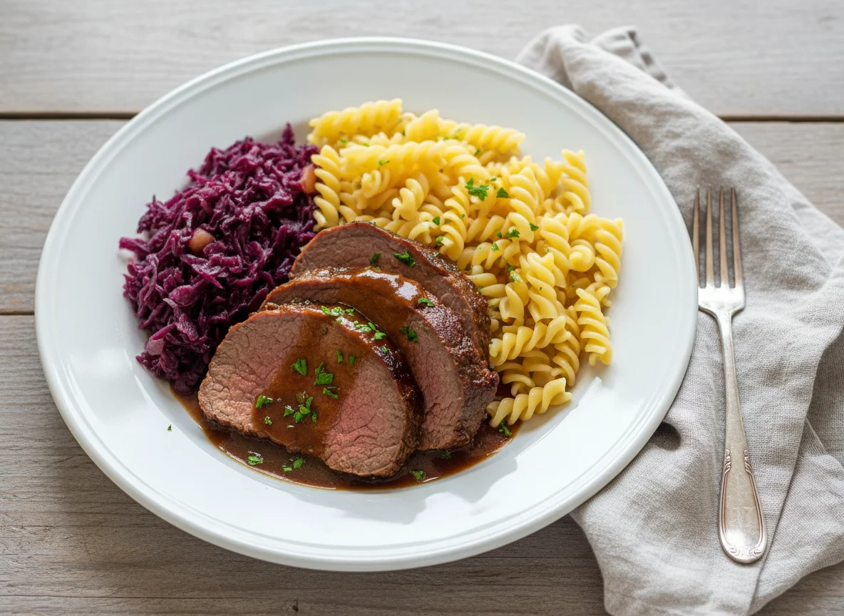 Rinderbraten mit Rotkohl und Nudeln photo