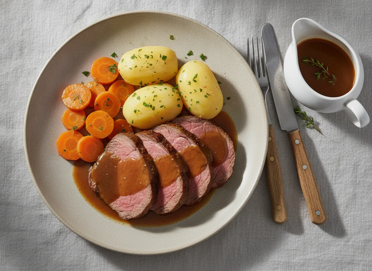 Rinderbraten mit Salzkartoffeln, Karotten und Bratensoße photo