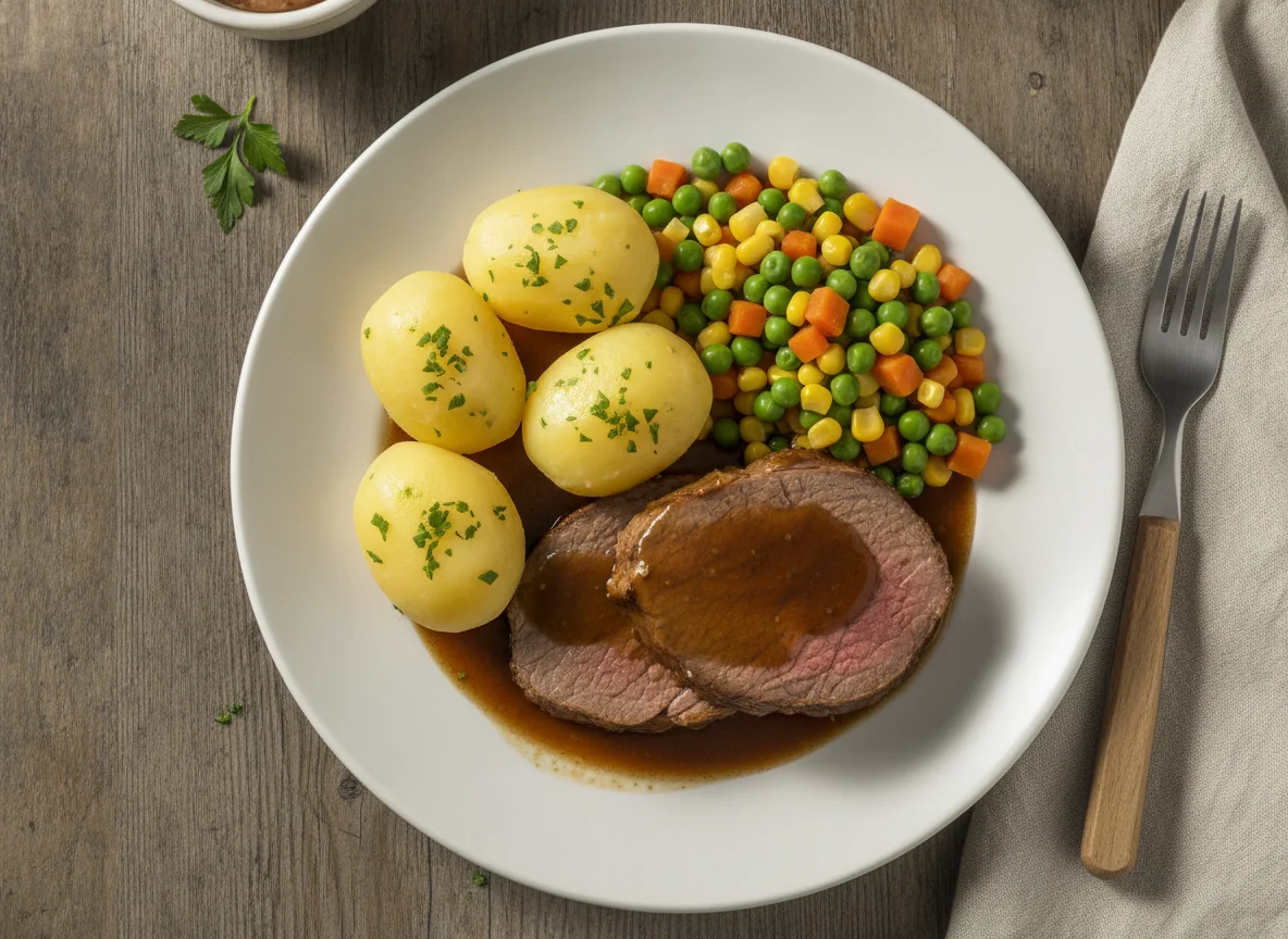 Rinderbraten mit Salzkartoffeln, Mischgemüse und Bratensoße photo