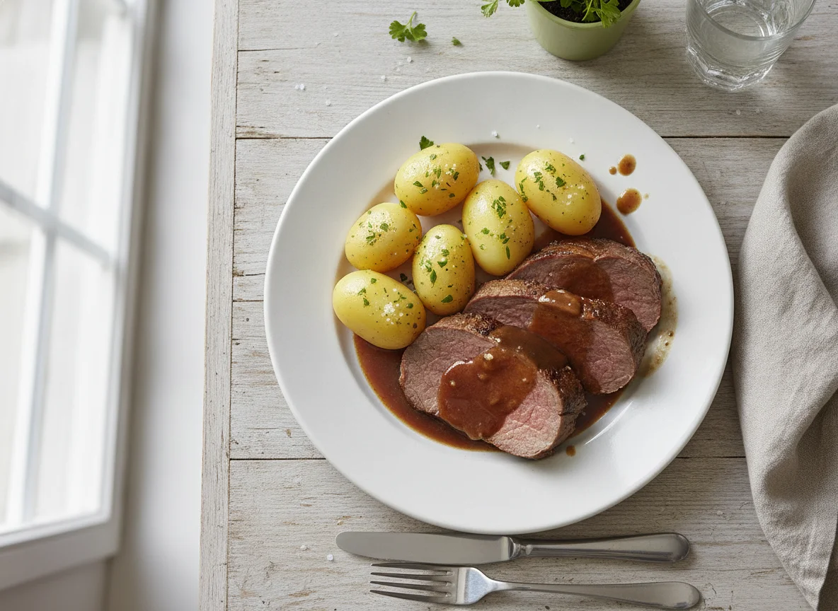 Rinderbraten mit Salzkartoffeln und Bratensoße photo