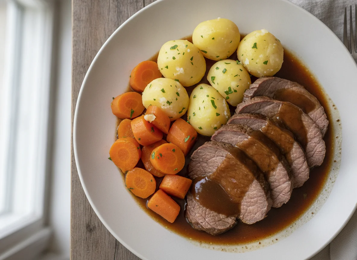 Rinderbraten mit Salzkartoffeln und Karotten photo