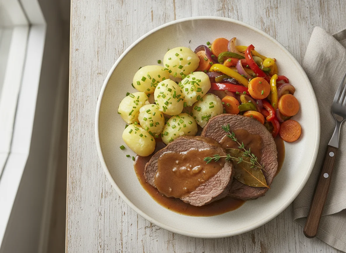 Rinderbraten mit Salzkartoffeln und Mischgemüse photo