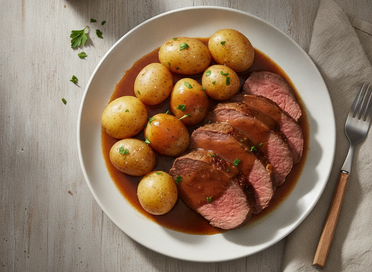 Rinderbraten mit Salzkartoffeln und Soße photo