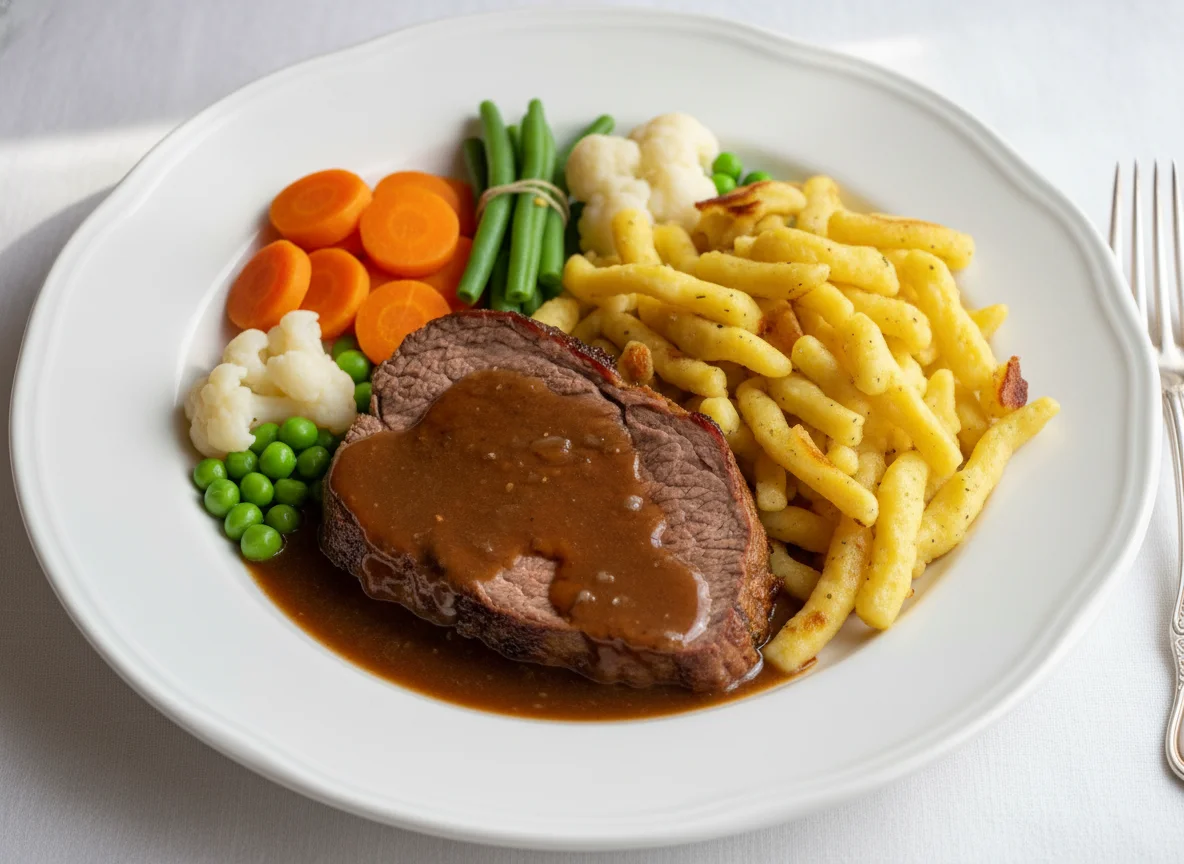 Rinderbraten mit Spätzle und Gemüse photo