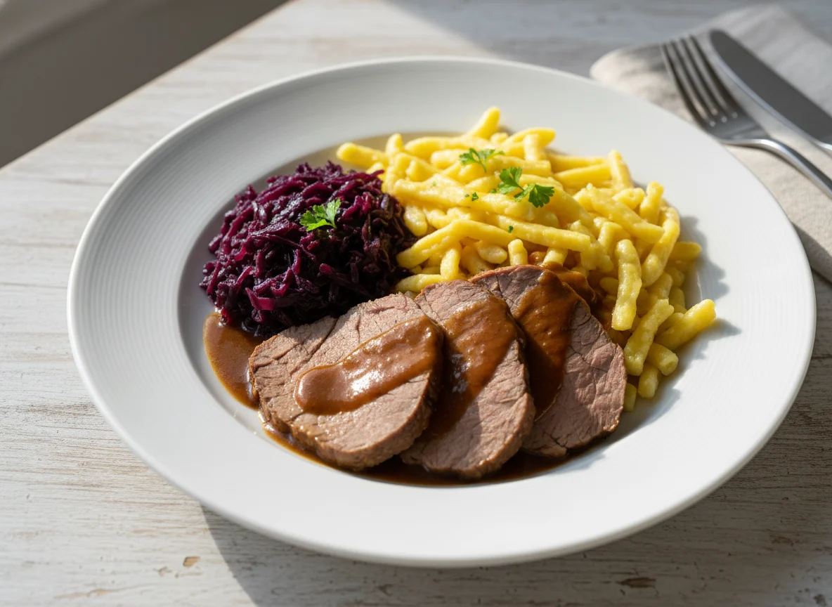 Rinderbraten mit Spätzle und Rotkohl photo