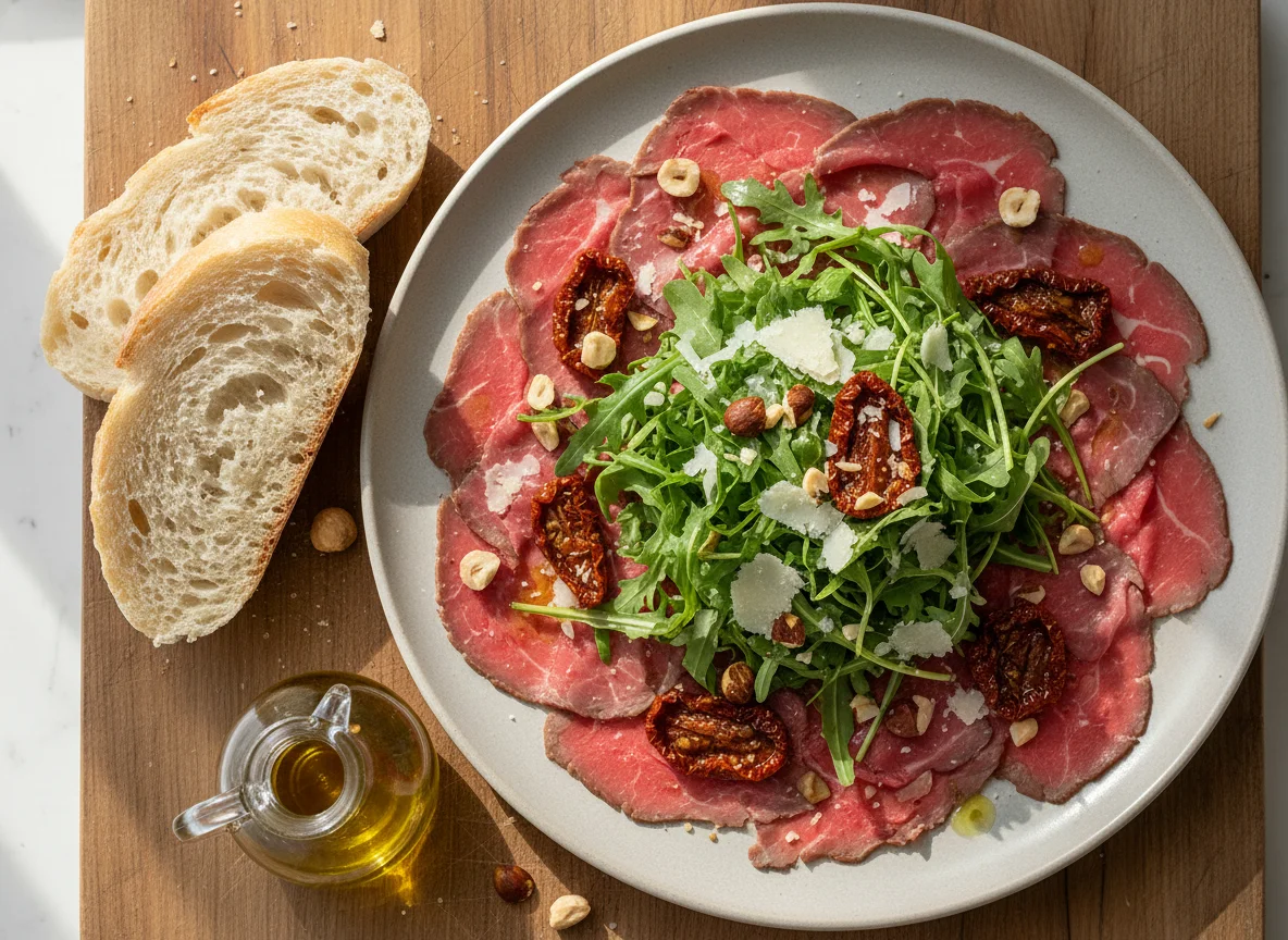 Rindercarpaccio mit Rucola, getrockneten Tomaten, Haselnüssen und Parmesan photo