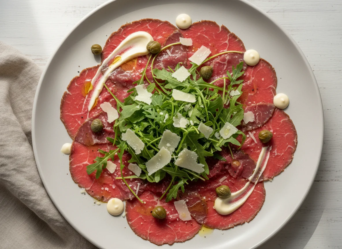 Rinder-Carpaccio mit Rucola, Kapernäpfeln und Parmesan photo