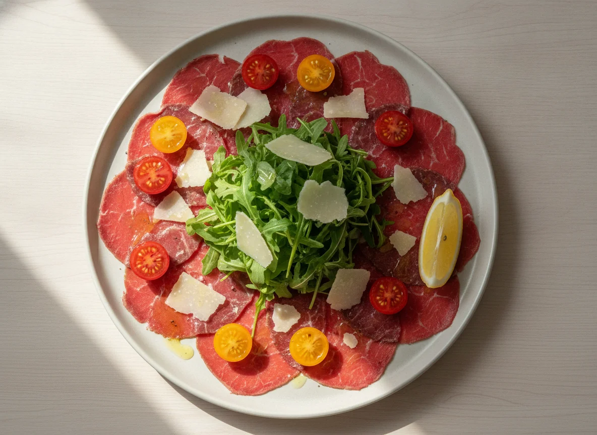 Rindercarpaccio mit Rucola, Parmesan und Kirschtomaten photo